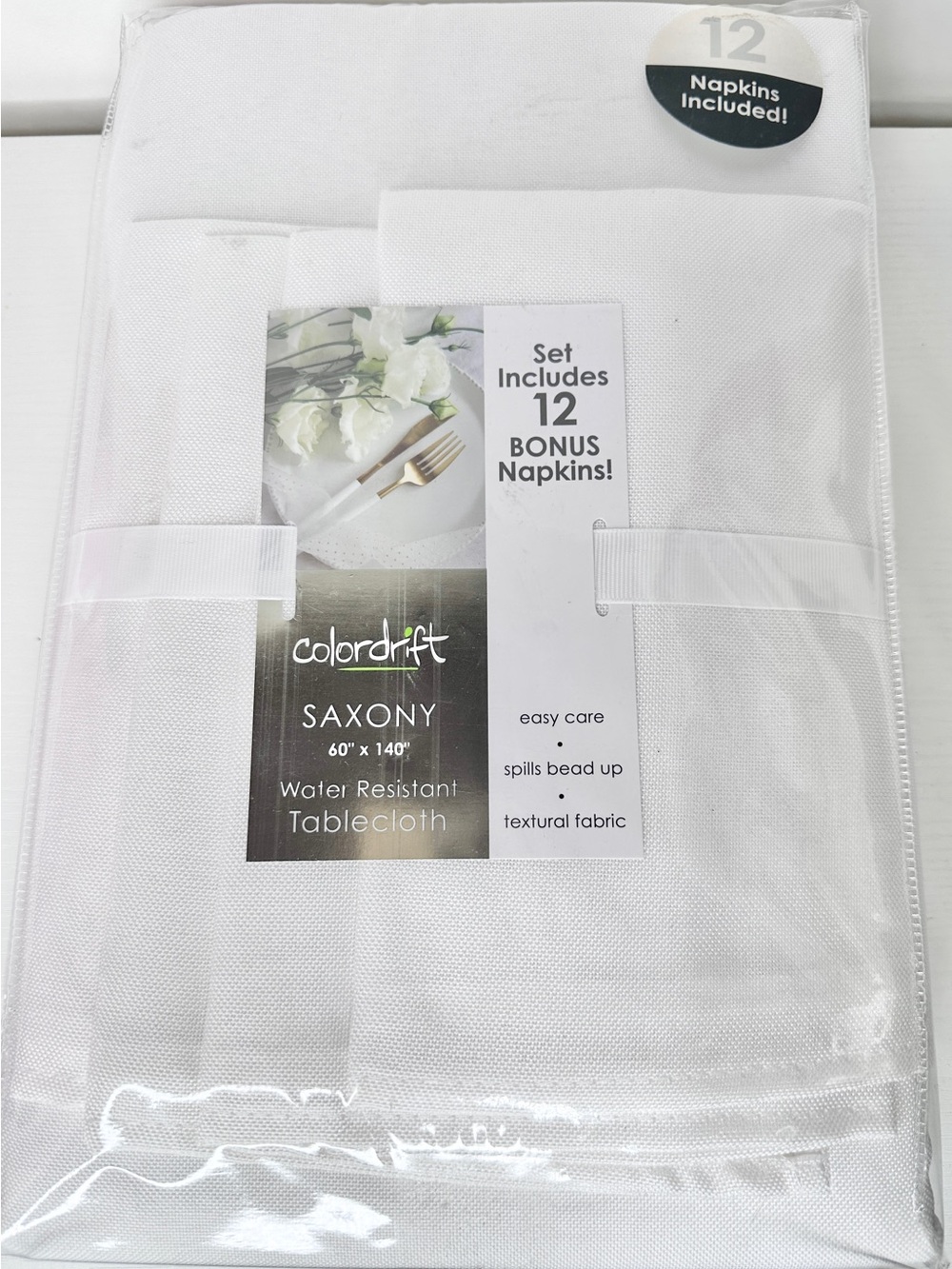 New Colordrift Saxony 60” x 140” Oblong Tablecloth Napkins white water resistant